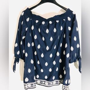 Charter Club Woman Embroiled Top. Navy Blue. Boho. Costal Casual tied sleeves